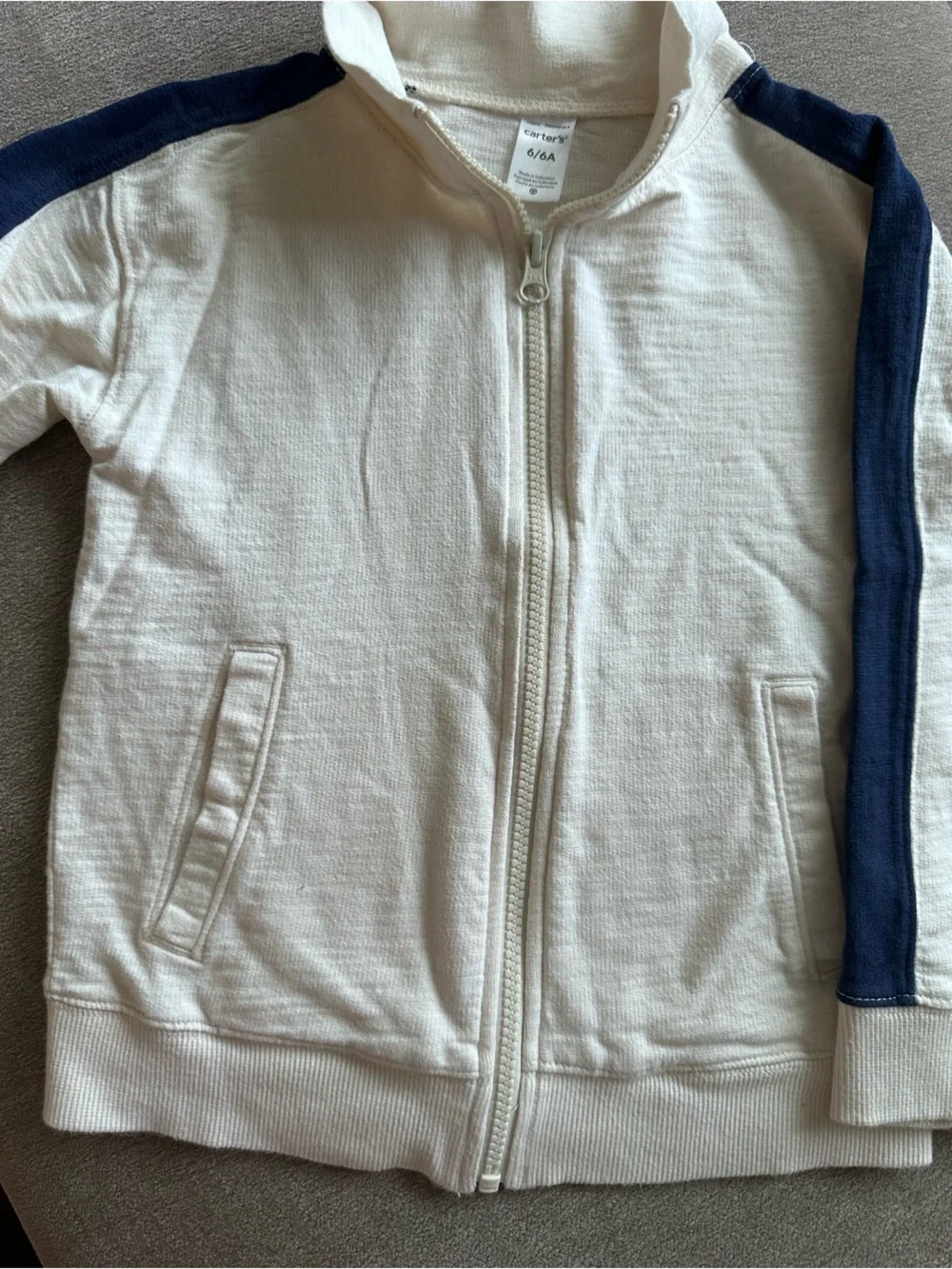 Carter's Cream Zip Front Sweatshirt with Navy Stripes